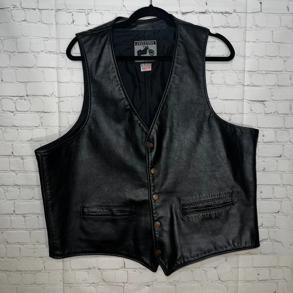 Vintage 90s Leather Biker‎ Vest 52 XXL USA Black Motorcycle Western Moto Core